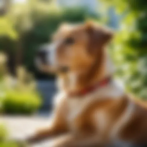 A contemplative dog sitting quietly in a sunny garden.