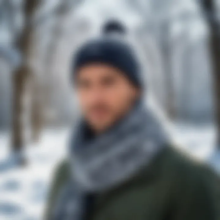 Person wearing a protective scarf and hat in a snowy landscape