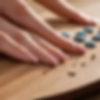 Close-up of nails on a yoga board highlighting their arrangement